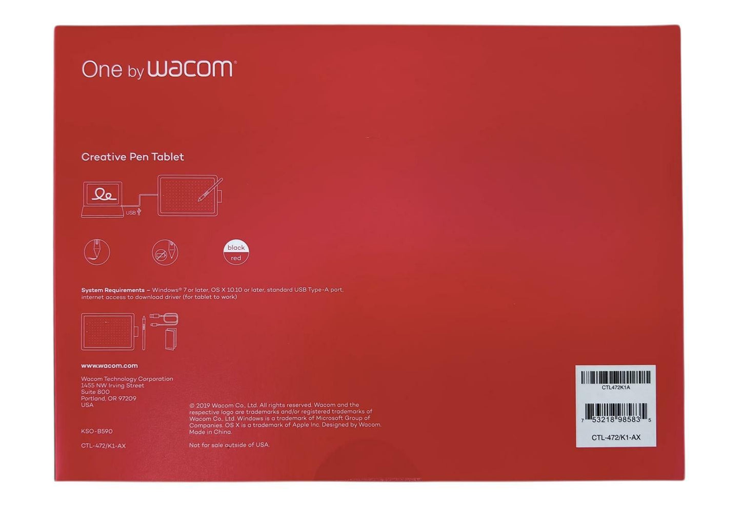 NEW - One by Wacom CTL-472 Creative Graphic Drawing Tablet + Pen - Small