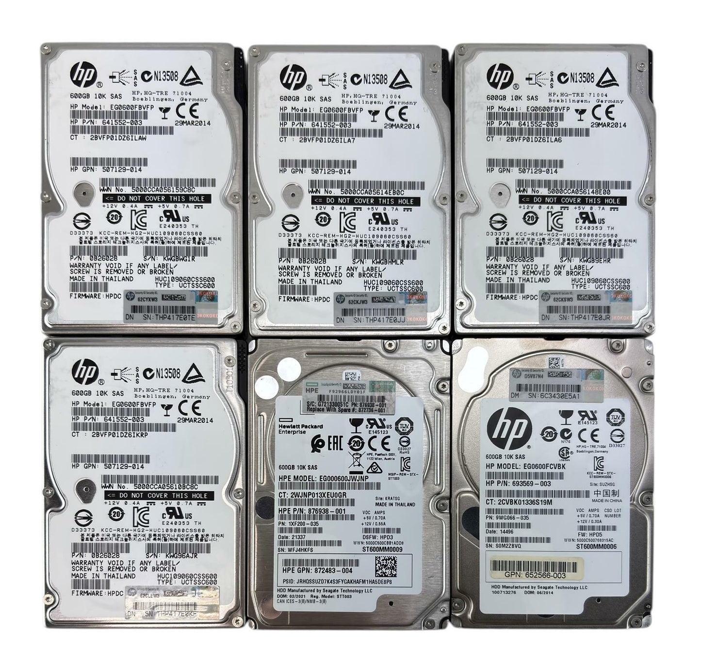 Lot of 6 - Assorted HP 600GB 10K RPM 6Gbps SAS 2.5" Enterprise Hard Drive HDDs
