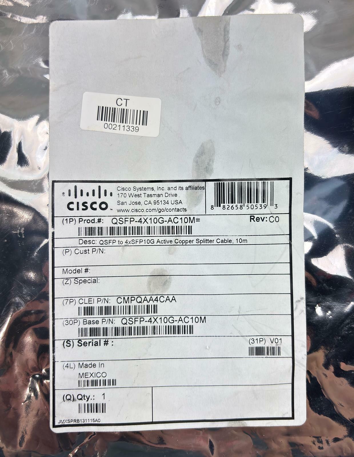 Open - Cisco QSFP-4X10G-AC10M QSFP to 4xSFP 10G Active Copper Splitter, 10m