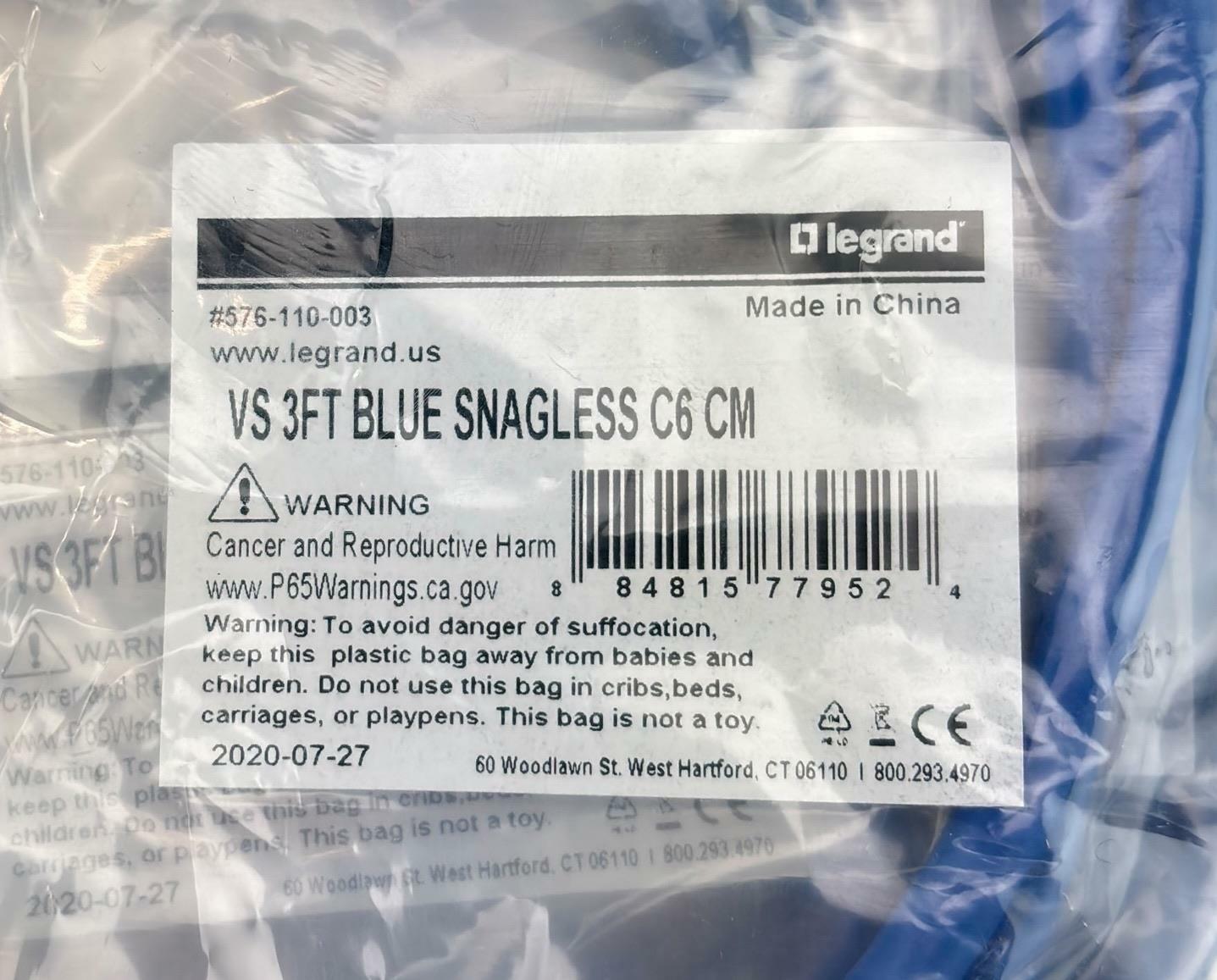 NEW - Pack of 10 - Legrand 576-110-003 VS 3FT Blue Snagless C6 CM Patch Cable