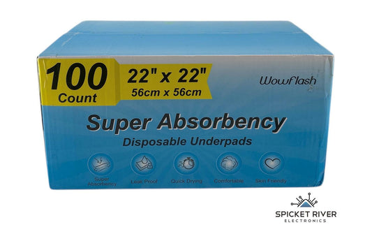 Wowflash 100 Count 22" x 22" Super Absorbency Quick Drying Disposable Underpads