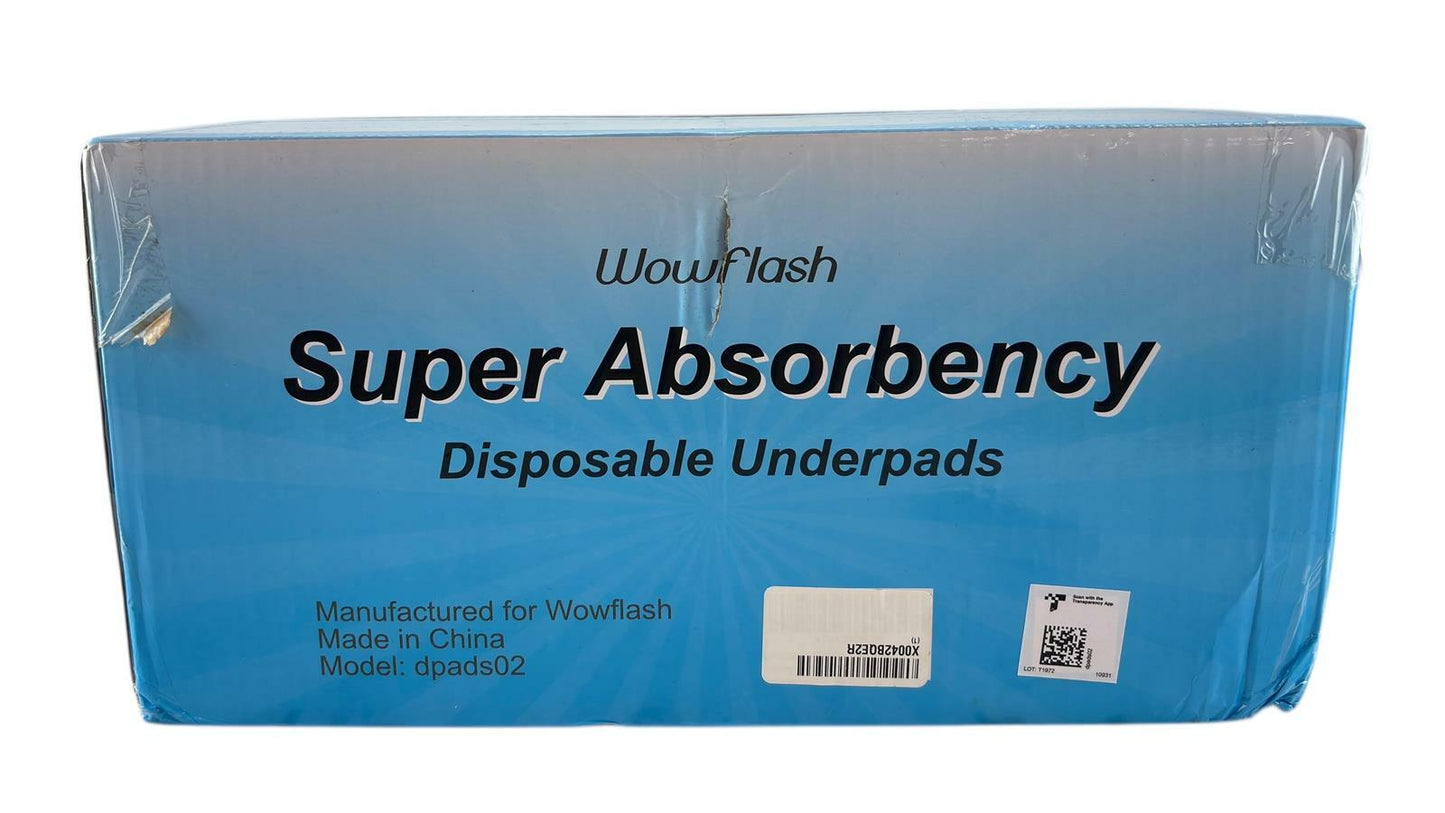 Wowflash 100 Count 22" x 22" Super Absorbency Quick Drying Disposable Underpads