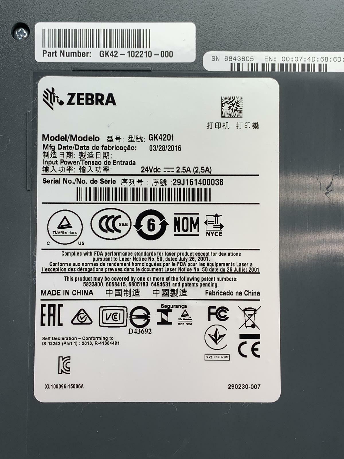 Zebra GK420T Direct Transfer Thermal Barcode Shipping Label Printer - No AC