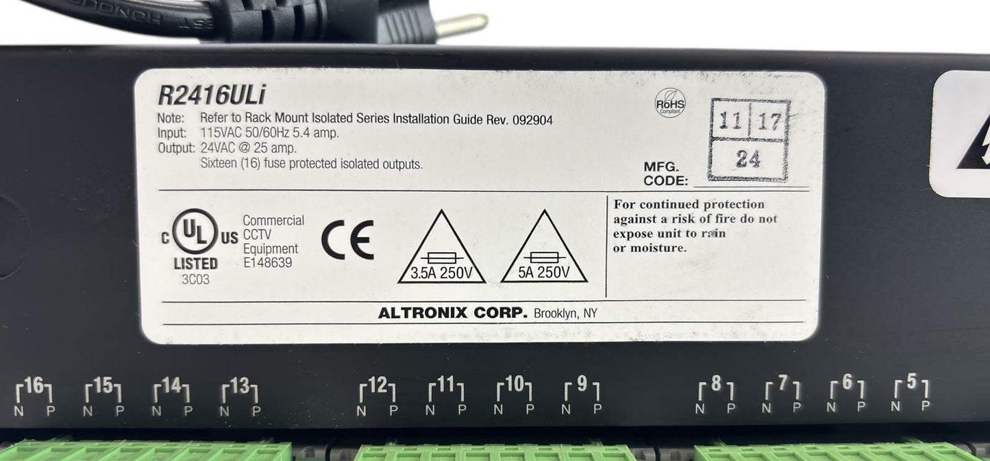 Altronix R2416300UL 16x 24VAC Output Rack Mount Power Supply for CCTV