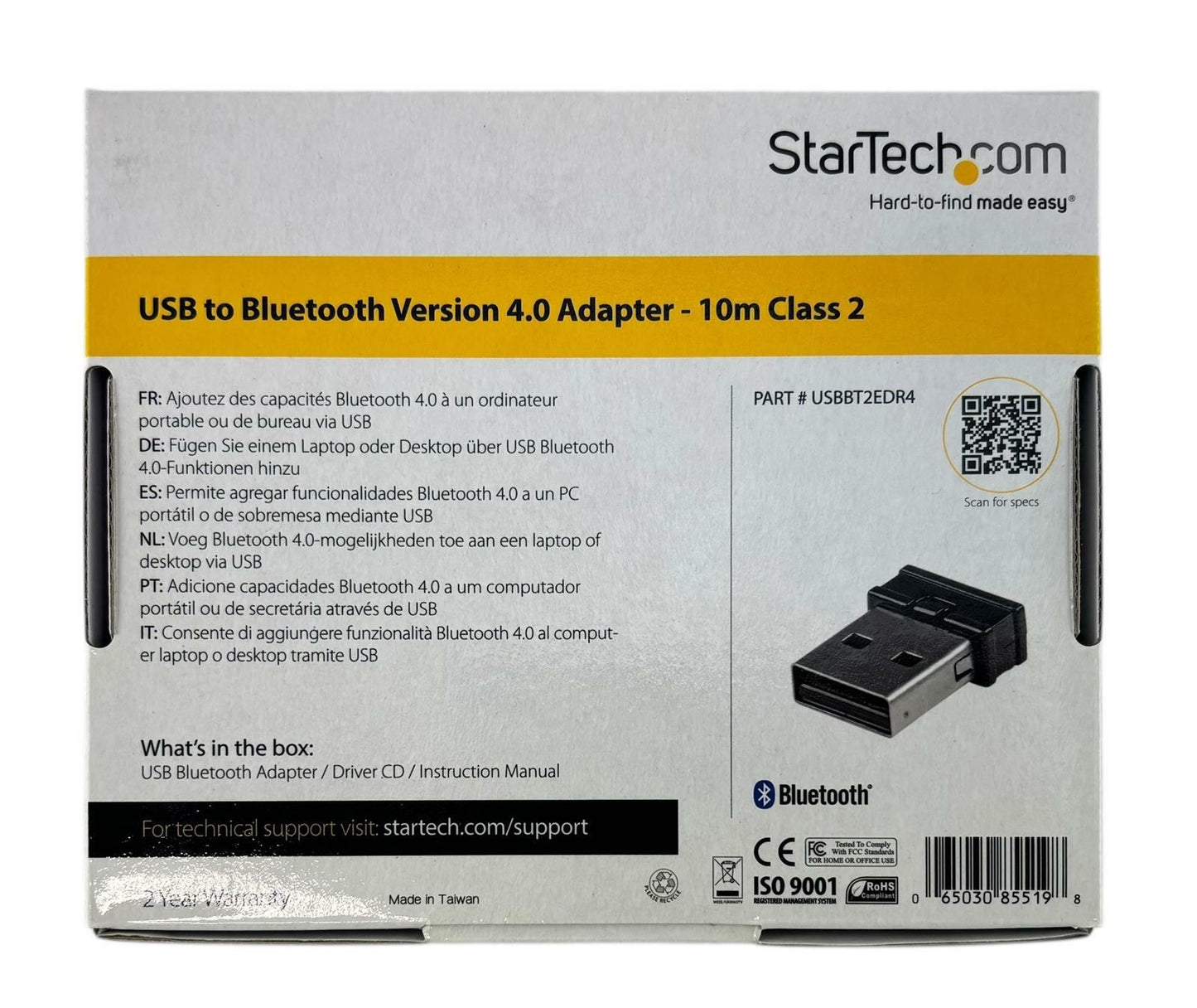 NEW - Open Box - StarTech USBBT2EDR4 USB Bluetooth 4.0 Adapter - 10m Class 2