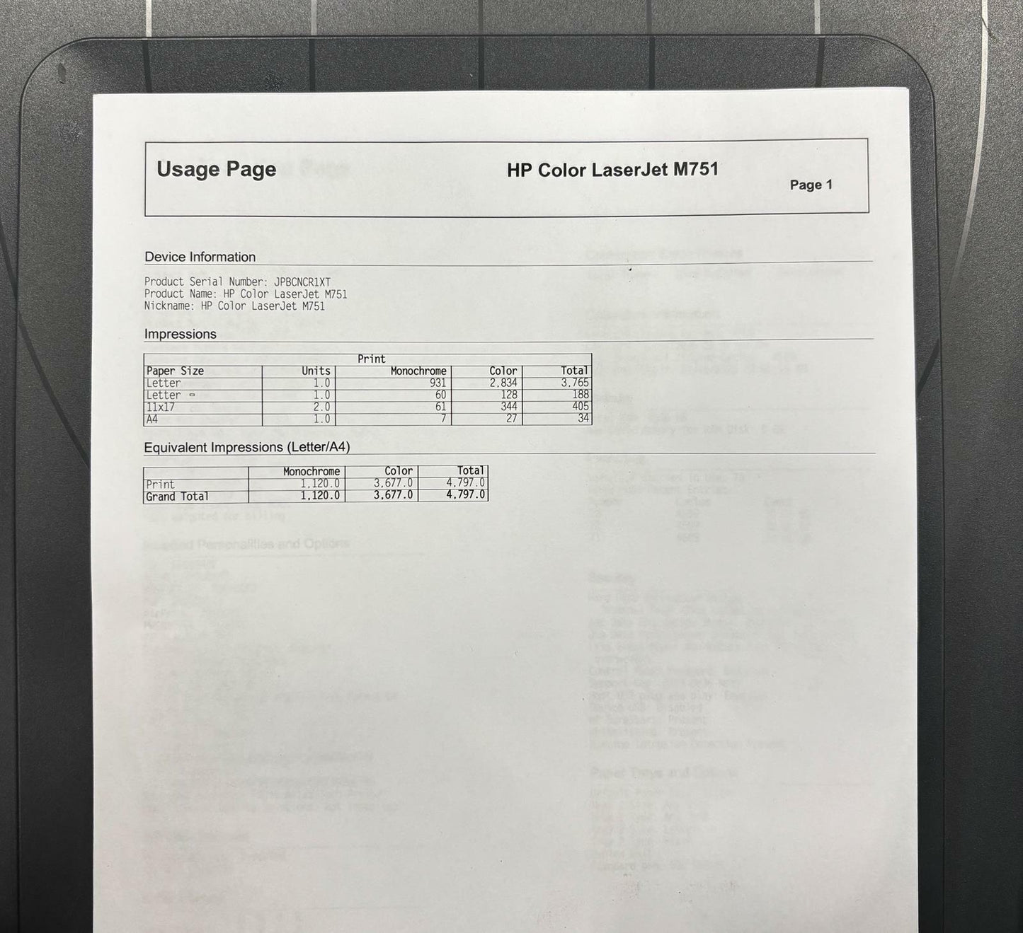 HP Color LaserJet Enterprise M751 Laser Printer - 4797 Page Count