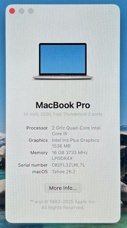 Apple MacBook Pro A2251 2020 2.00GHz Quad i5-1038NG7 512GB SSD 16GB RAM #195344