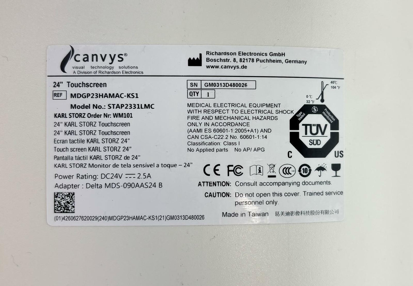 Karl Storz Canvys WM101 24" Touchscreen Monitor STAP2331LMC MDGP23HAMAC-KS1