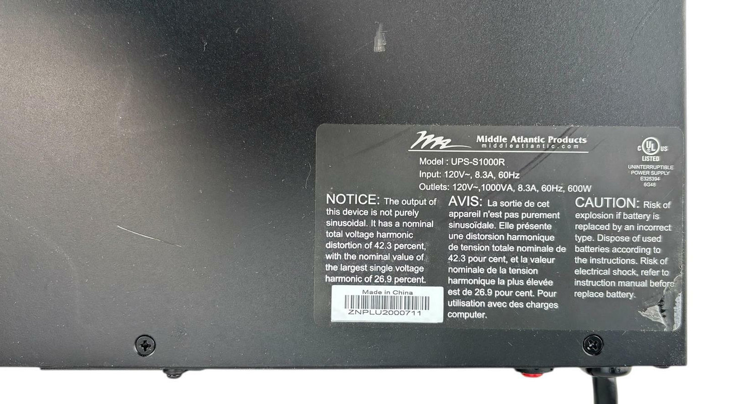 Middle Atlantic UPS-S1000R 1000VA Select Uninterruptible Backup Power Supply UPS
