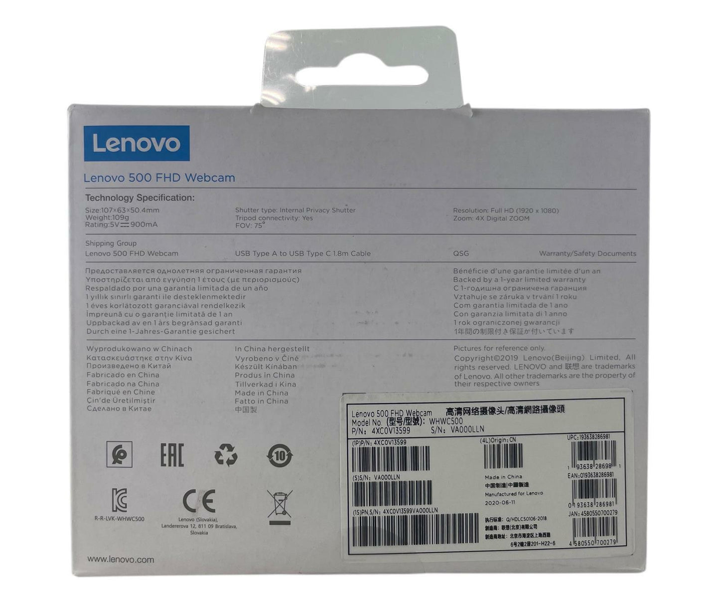 NEW - Lenovo 500 FHD Webcam Full HD 1080P 4x Digital Zoom (4XC0V13599) - Black