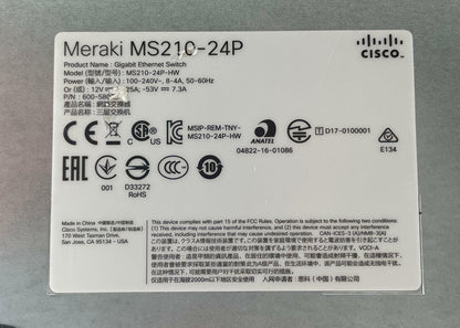 Cisco Meraki MS210-24P Cloud Managed PoE Gigabit Ethernet Switch - Unclaimed