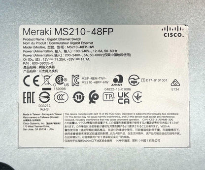 Cisco Meraki MS210-48FP 48-Port PoE Gigabit Ethernet Switch 4x SFP - Unclaimed