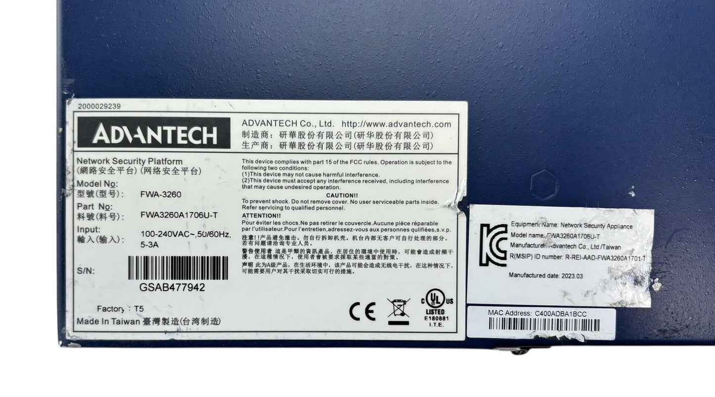 Advantech FWA-3260 Network Security Appliance FWA3260A1706U-T - No PSU
