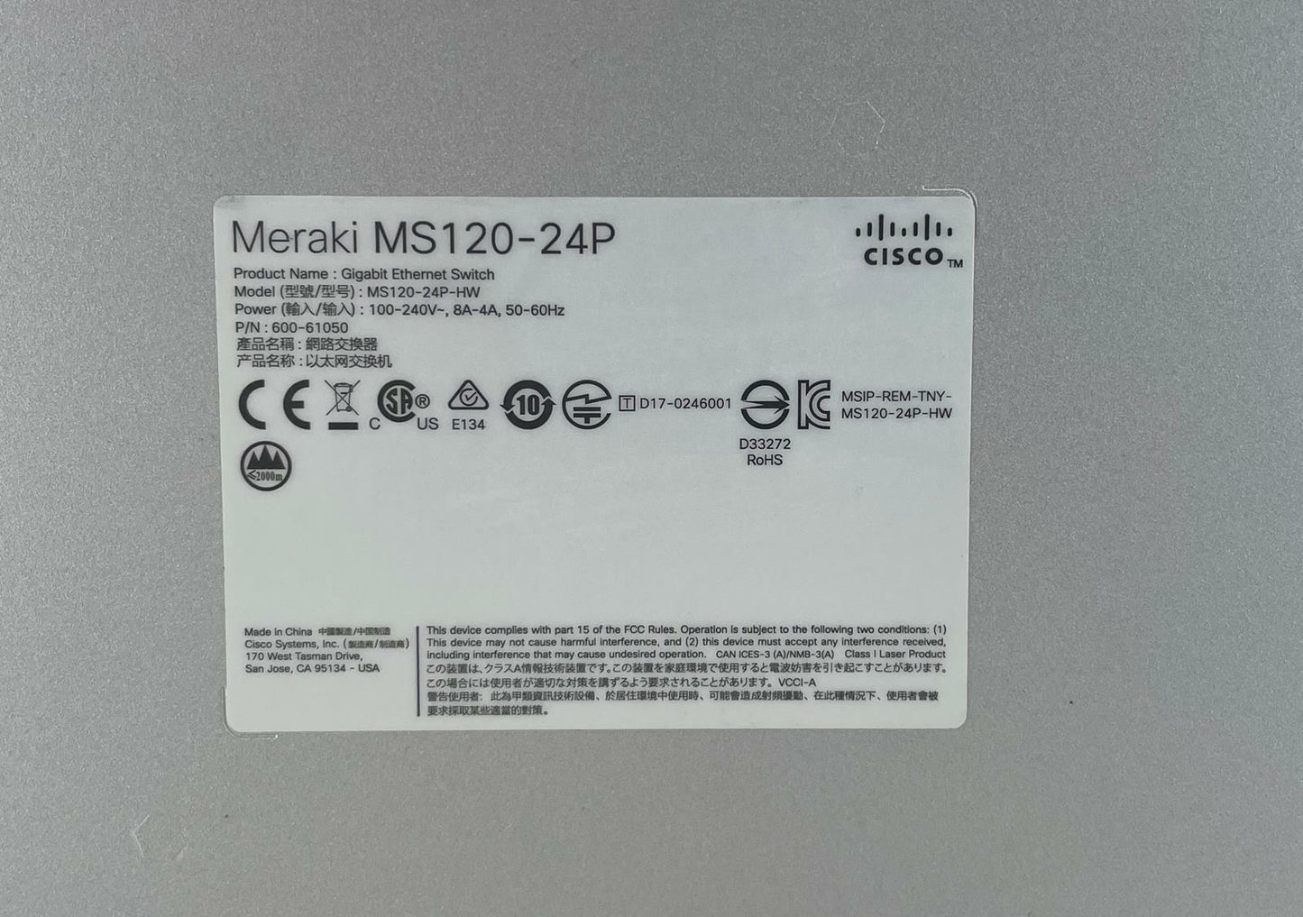 Cisco Meraki MS120-24P Gigabit Ethernet PoE Network Switch - Unclaimed