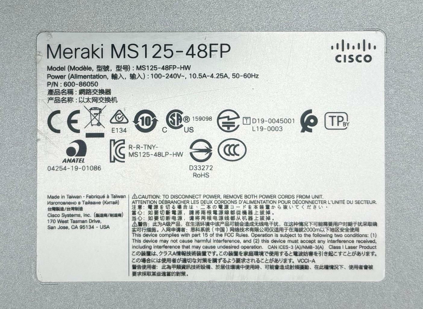 Cisco Meraki MS125-48FP 48-Port PoE Managed Ethernet Network Switch - Unclaimed