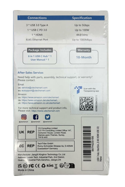 NEW - UtechSmart UCN3273 6-in-1 USB C Hub 100W PD / 4K HD HDMI / 1Gbps Ethernet