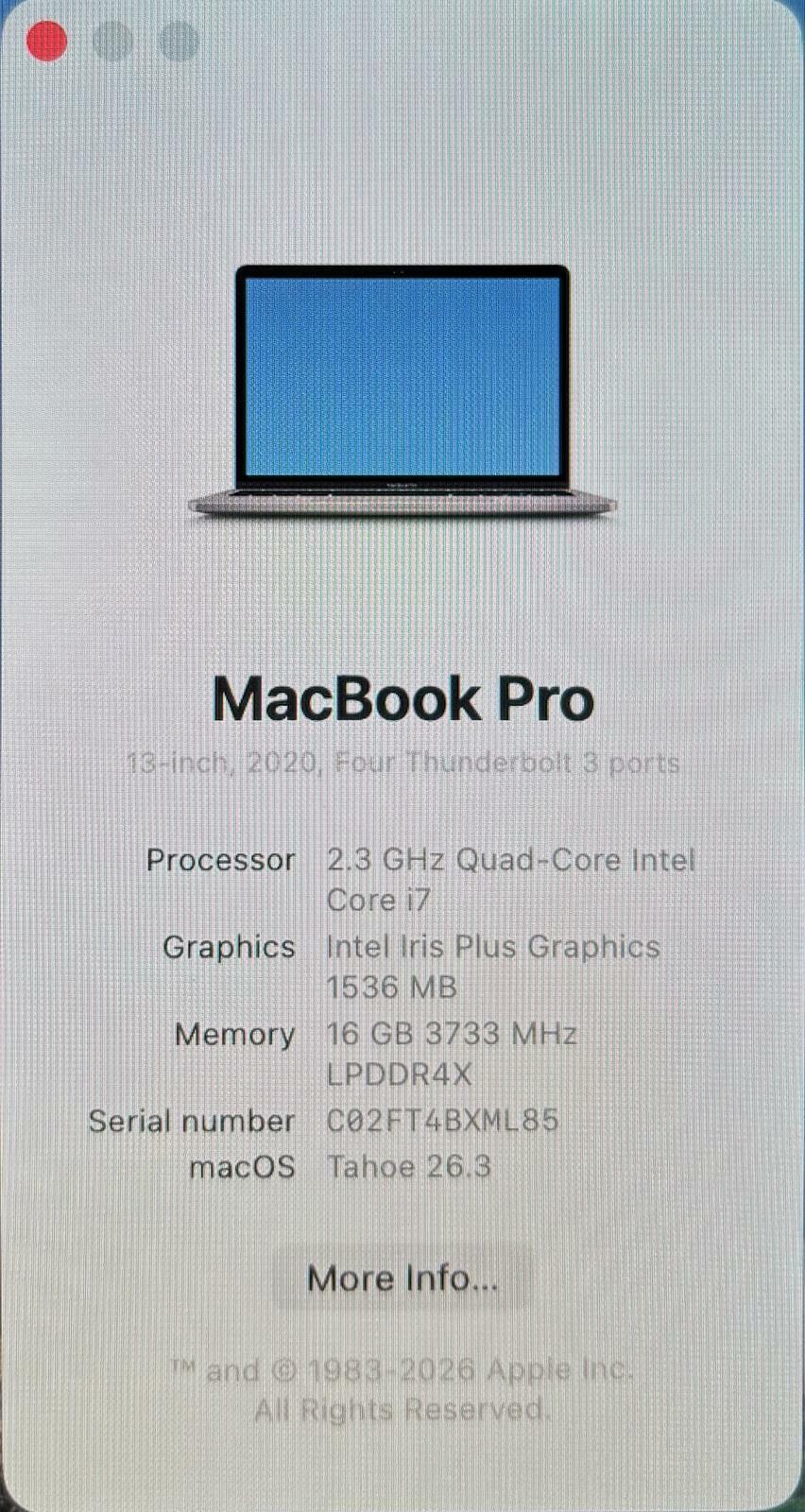 Apple MacBook Pro A2251 2020 Quad Core i7-1068NG7 512GB SSD 16GB RAM #214780