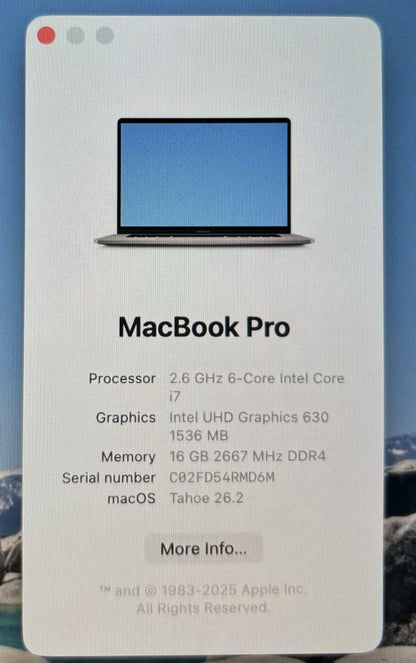 Apple MacBook Pro A2141 2019 2.60GHz 6-Core i7-9750H 512GB SSD 16GB RAM #214804