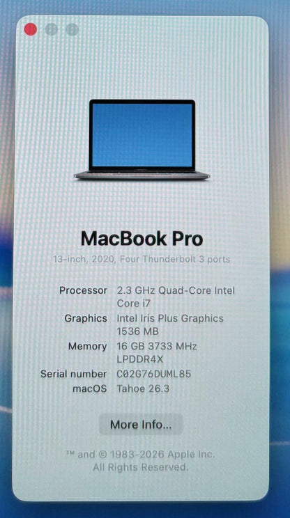 Apple MacBook Pro A2251 2020 13" Quad Core i7-1068NG7 512GB SSD 16GB RAM #214794