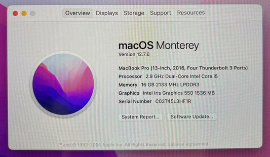 Apple MacBook Pro 13" A1706 2016 Dual Core i5-6267U 512GB SSD 16GB RAM #217400