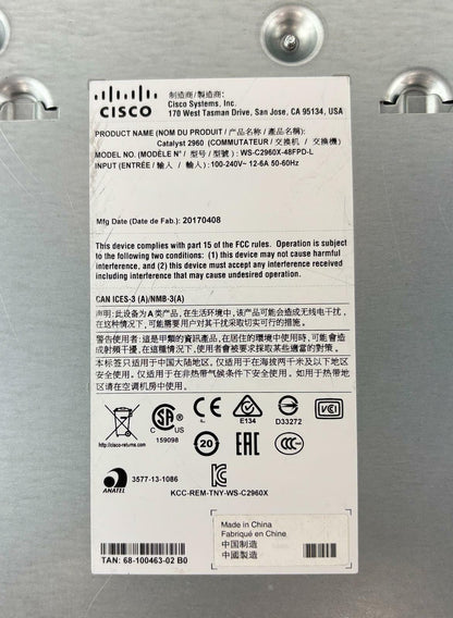 Cisco WS-C2960X-48FPD-L V06 48-Port PoE+ 2x SFP+ Managed Gigabit Switch