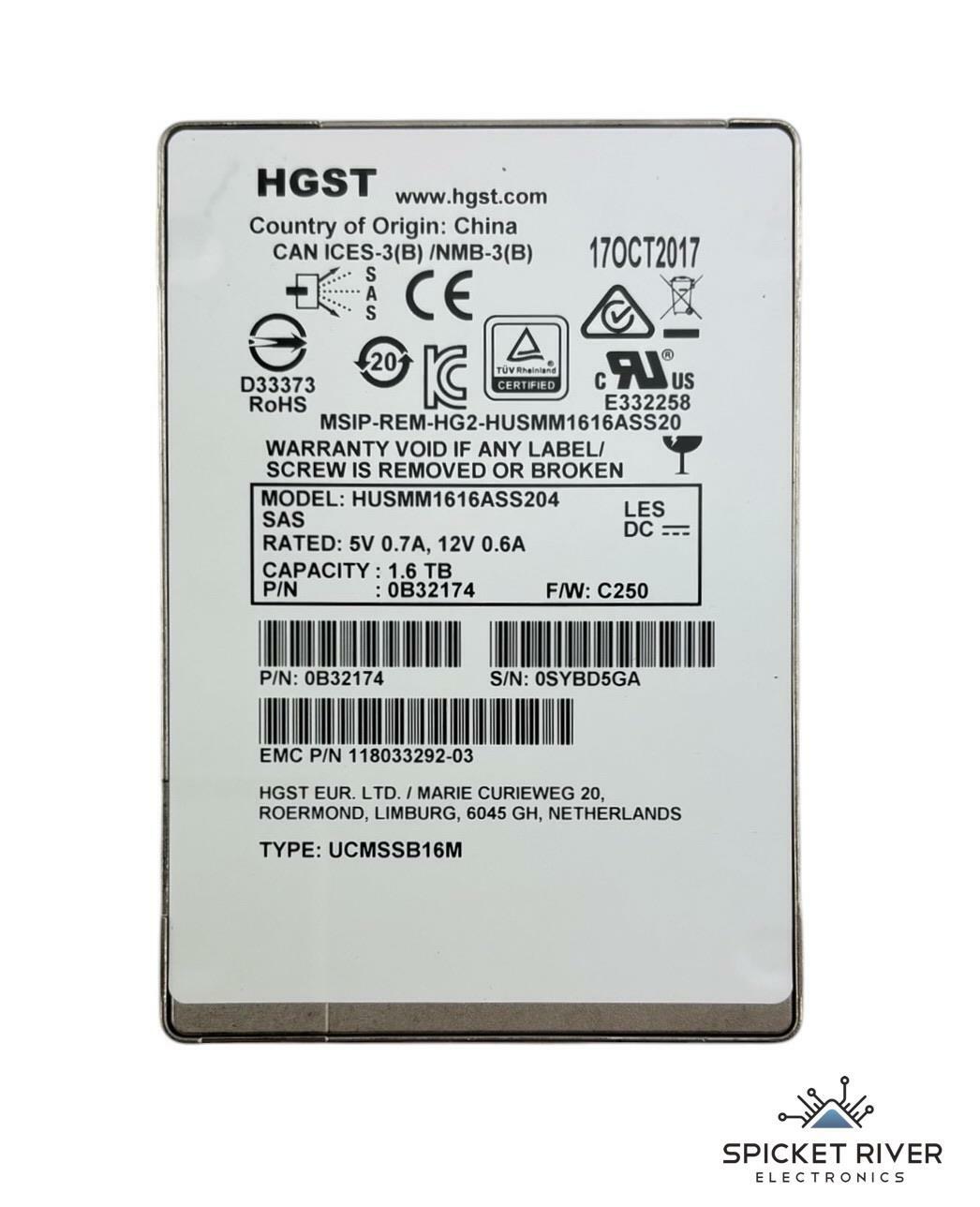 HGST HUSMM1616ASS204 1.6TB SAS 12Gb/s 2.5" Enterprise Hard Drive HDD